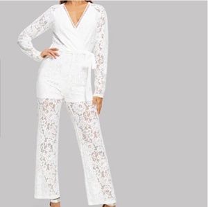 White Belted Lace Jumpsuit